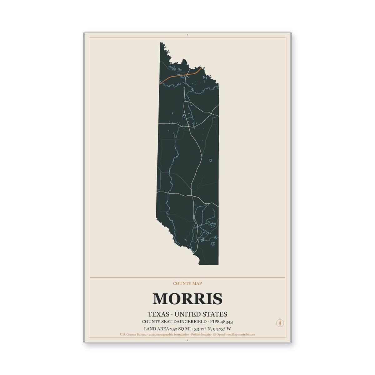 Morris County, Texas Map Aluminum Sign in Headline Atlas style