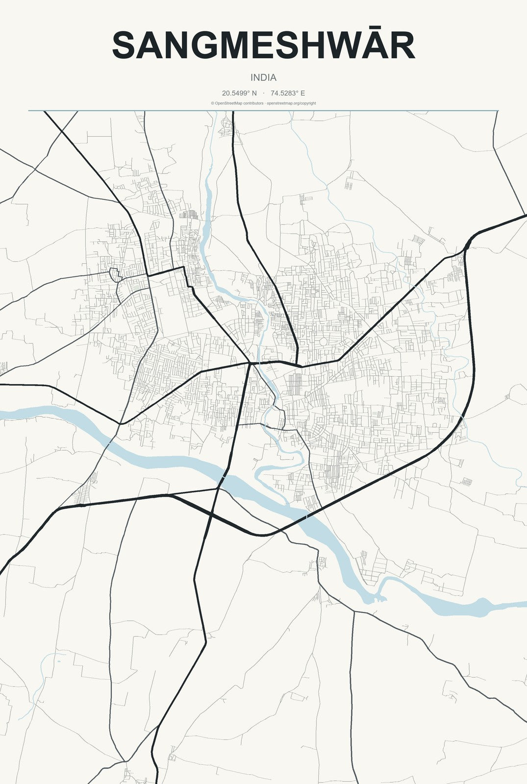 Sangmeshwār, India City Map Aluminum Sign in Headline Atlas style