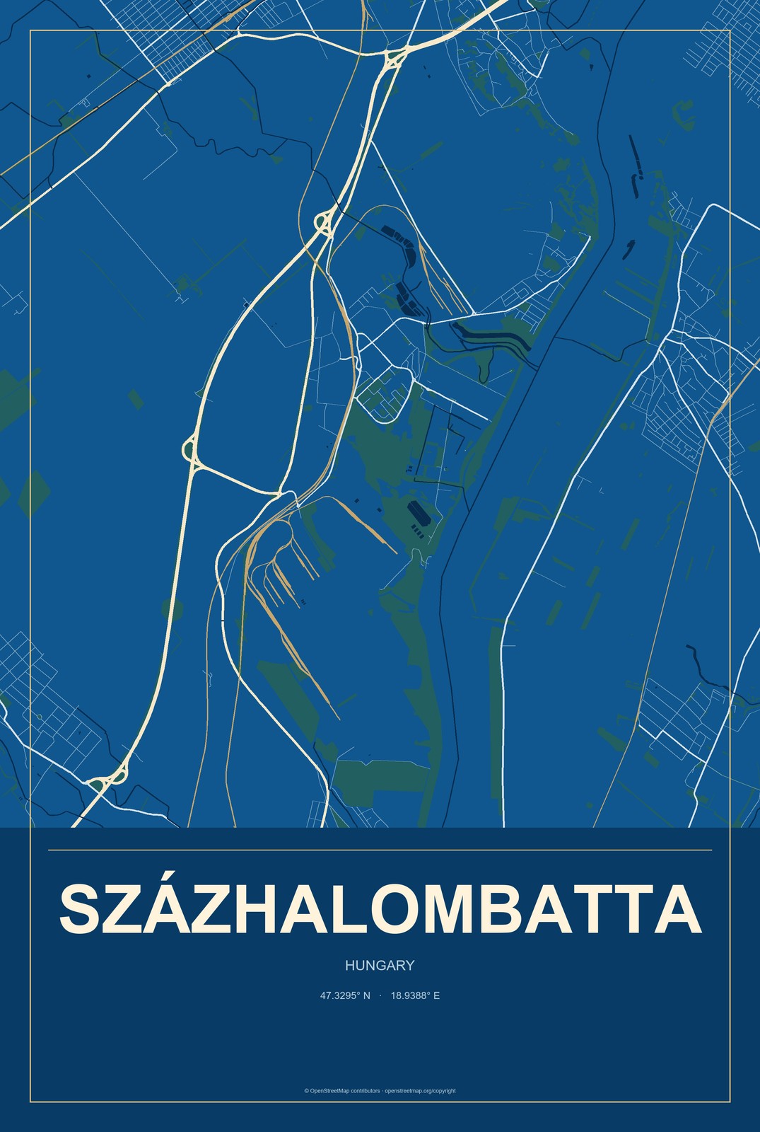 Százhalombatta, Hungary City Map Aluminum Sign in Harbor Cobalt style