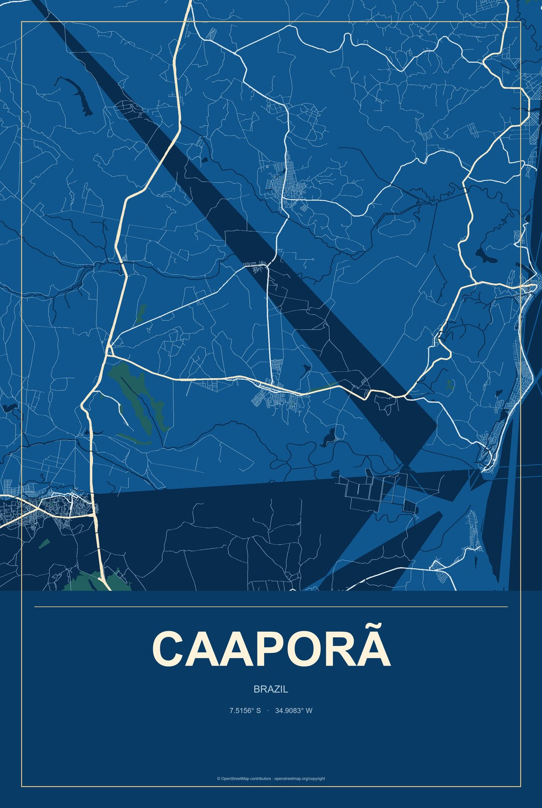 Caaporã, Brazil City Map Aluminum Sign in Harbor Cobalt style