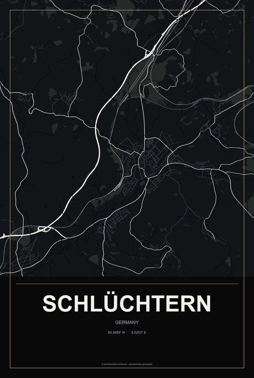 Schlüchtern, Germany City Map Aluminum Sign in Metropolitan Noir style