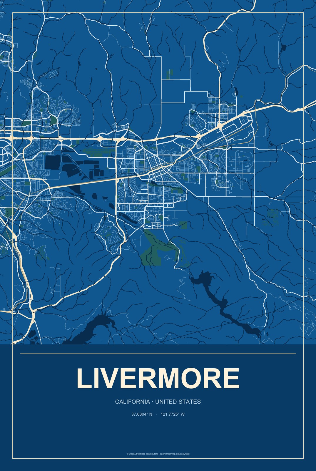 Livermore, California City Map Aluminum Sign in Harbor Cobalt style