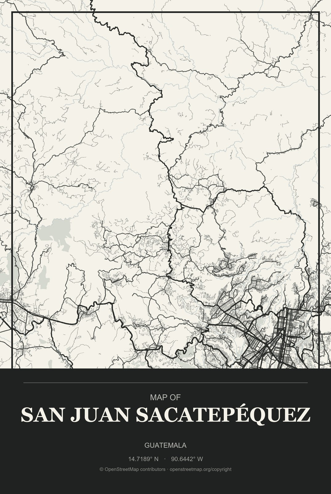 San Juan Sacatepéquez, Guatemala City Map Aluminum Sign in Museum Plaque style