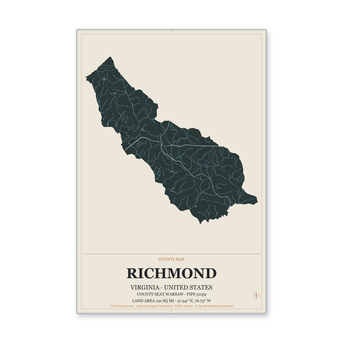 Richmond County, Virginia Map Aluminum Sign in Headline Atlas style