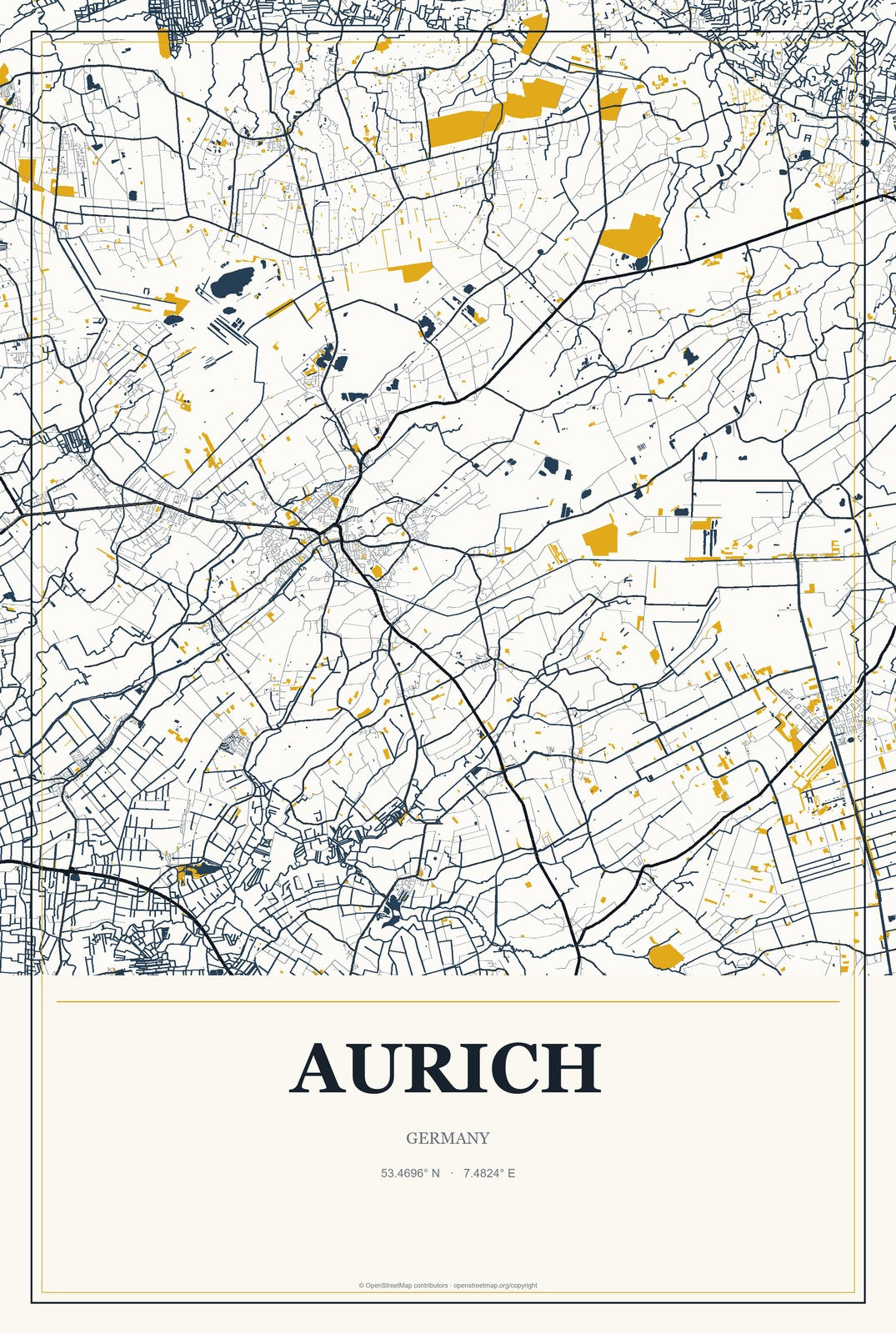 Aurich, Germany City Map Aluminum Sign in Citrine Modern style