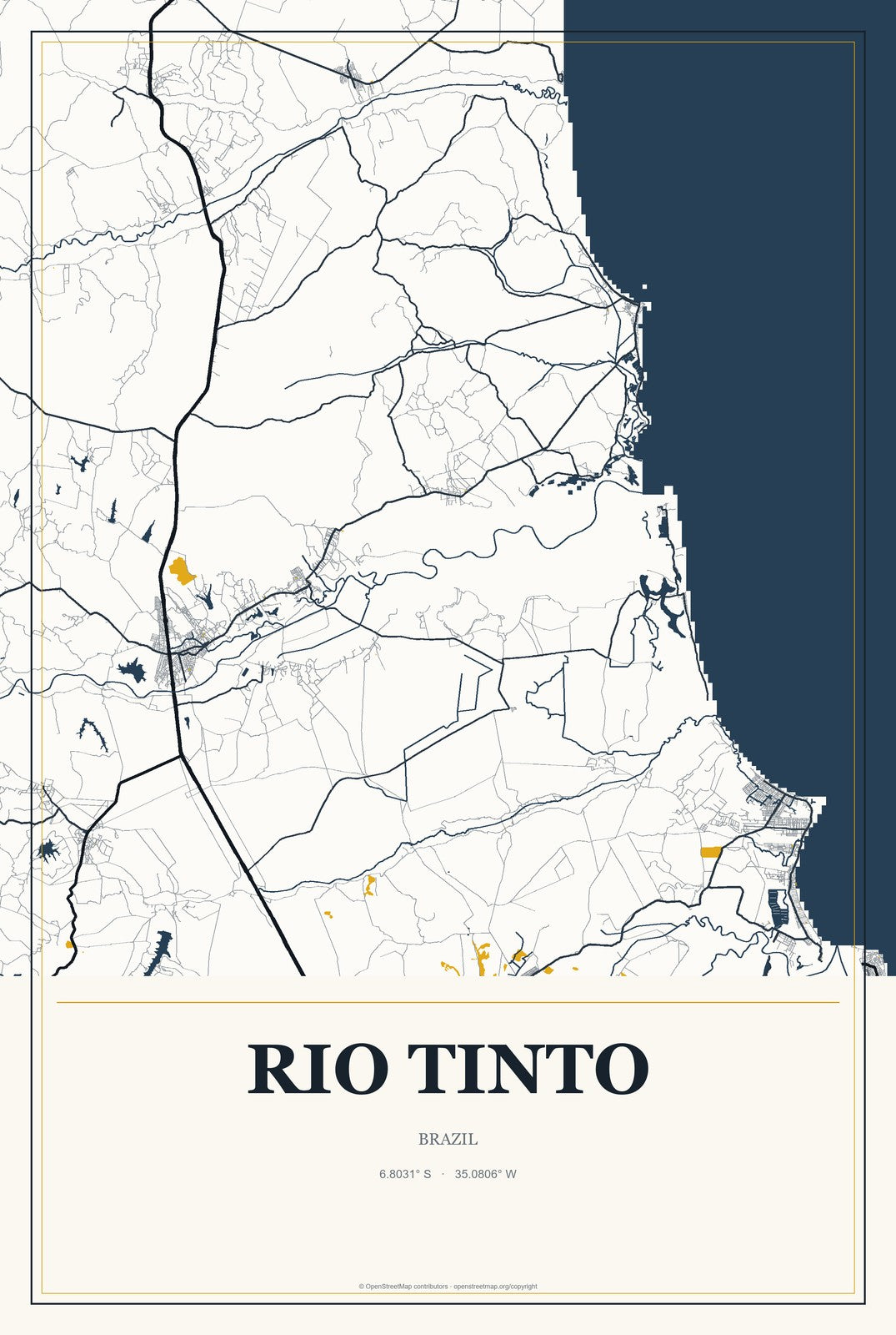 Rio Tinto, Brazil City Map Aluminum Sign in Citrine Modern style