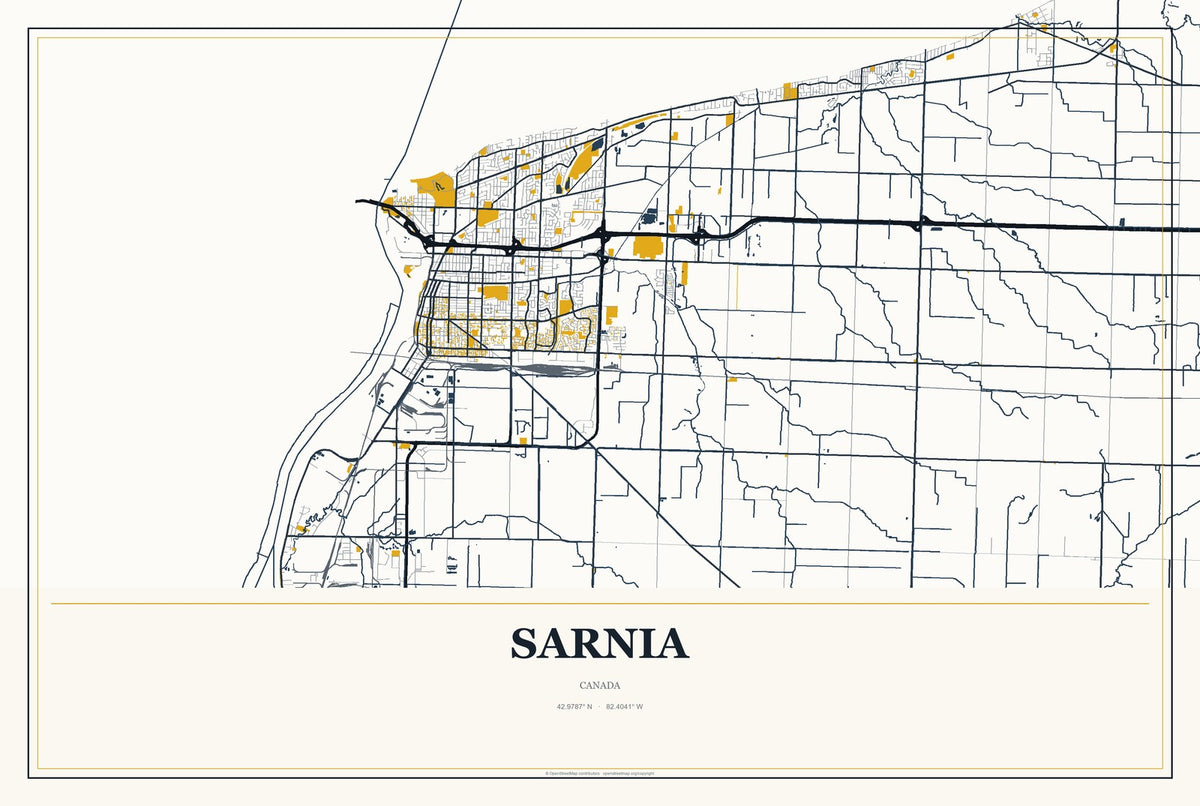 Sarnia, Canada City Map Aluminum Sign in Citrine Modern style