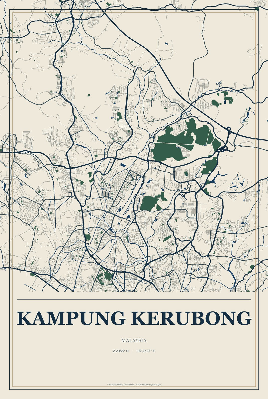 Kampung Kerubong, Malaysia City Map Aluminum Sign in Coastal Cutout style