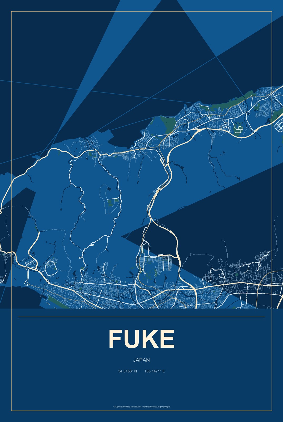 Fuke, Japan City Map Aluminum Sign in Harbor Cobalt style