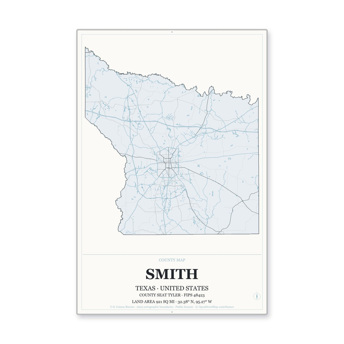 Smith County, Texas Map Aluminum Sign in Gallery Air style