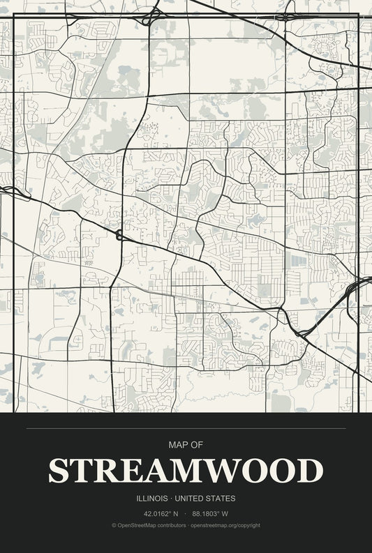 Streamwood, Illinois City Map Aluminum Sign in Museum Plaque style