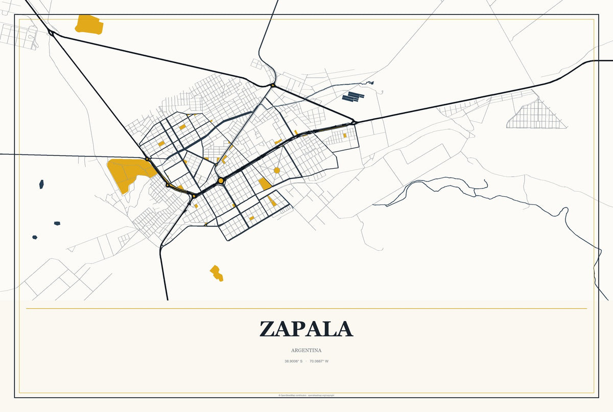 Zapala, Argentina City Map Aluminum Sign in Citrine Modern style