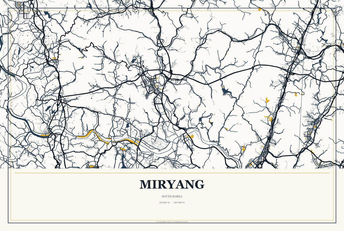 Miryang, South Korea City Map Aluminum Sign in Citrine Modern style