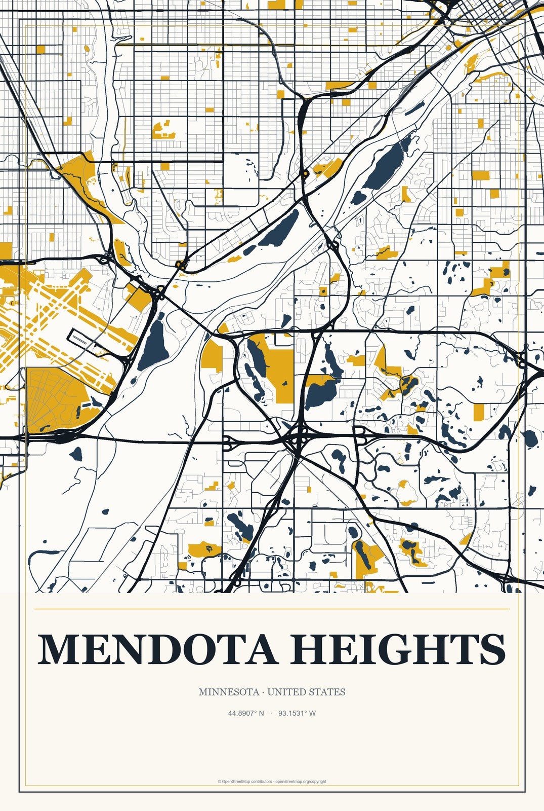 Mendota Heights, Minnesota City Map Aluminum Sign in Citrine Modern style