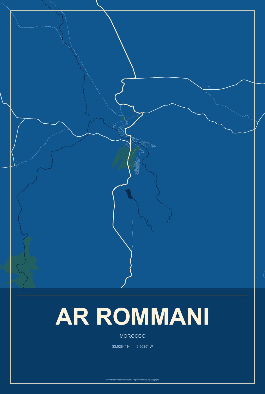 Ar Rommani, Morocco City Map Aluminum Sign in Harbor Cobalt style