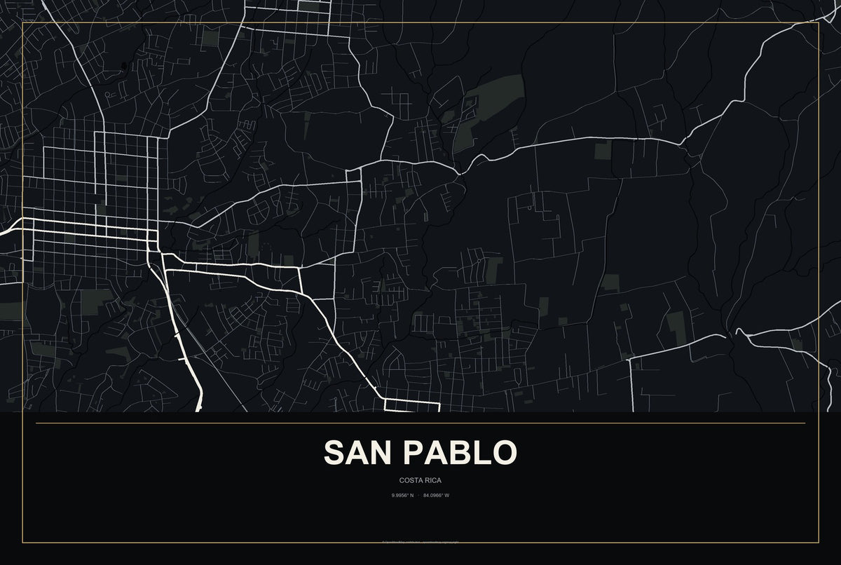 San Pablo, Costa Rica City Map Aluminum Sign in Metropolitan Noir style