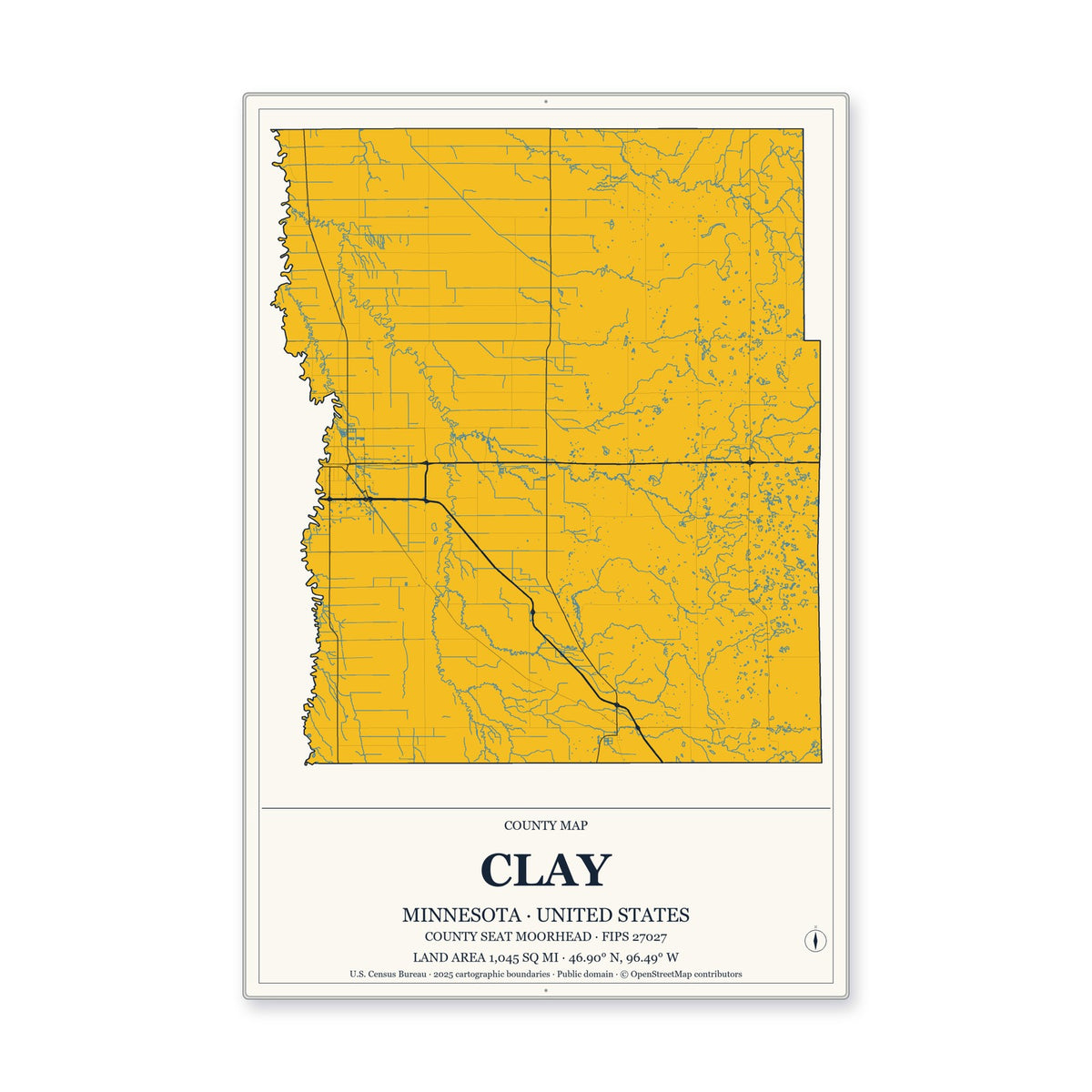 Clay County, Minnesota Map Aluminum Sign in Citrine Modern style