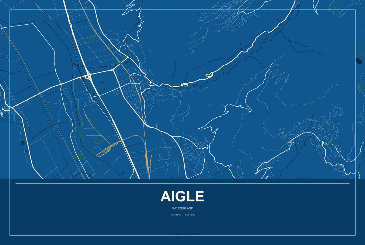 Aigle, Switzerland City Map Aluminum Sign in Harbor Cobalt style