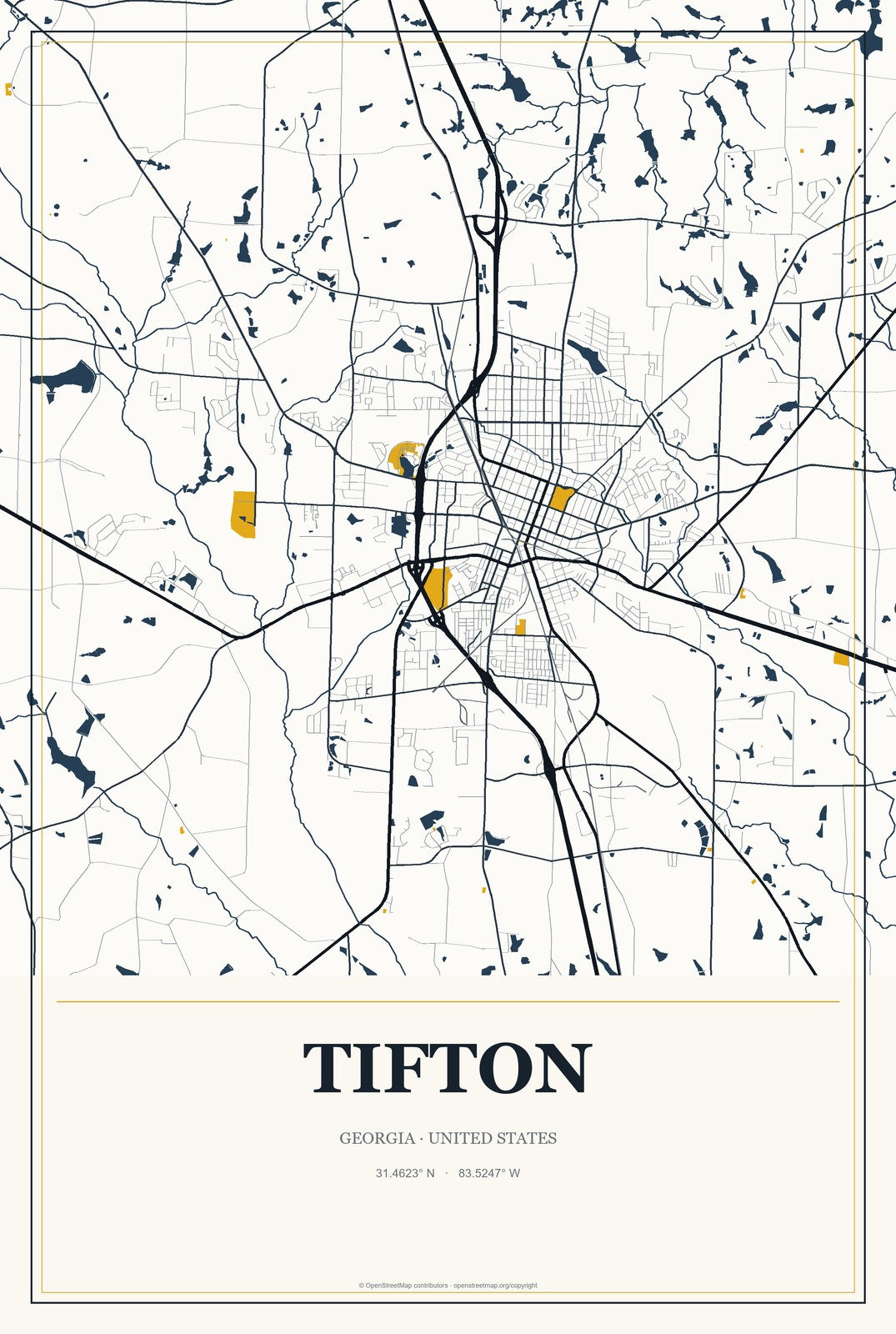 Tifton, Georgia City Map Aluminum Sign in Citrine Modern style