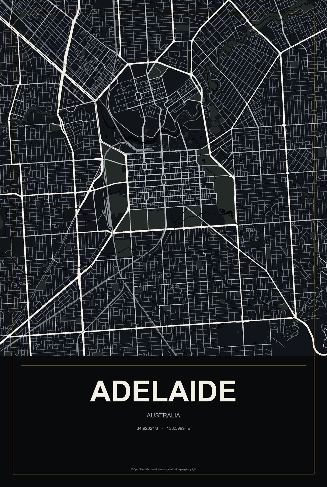Adelaide, Australia City Map Aluminum Sign in Metropolitan Noir style