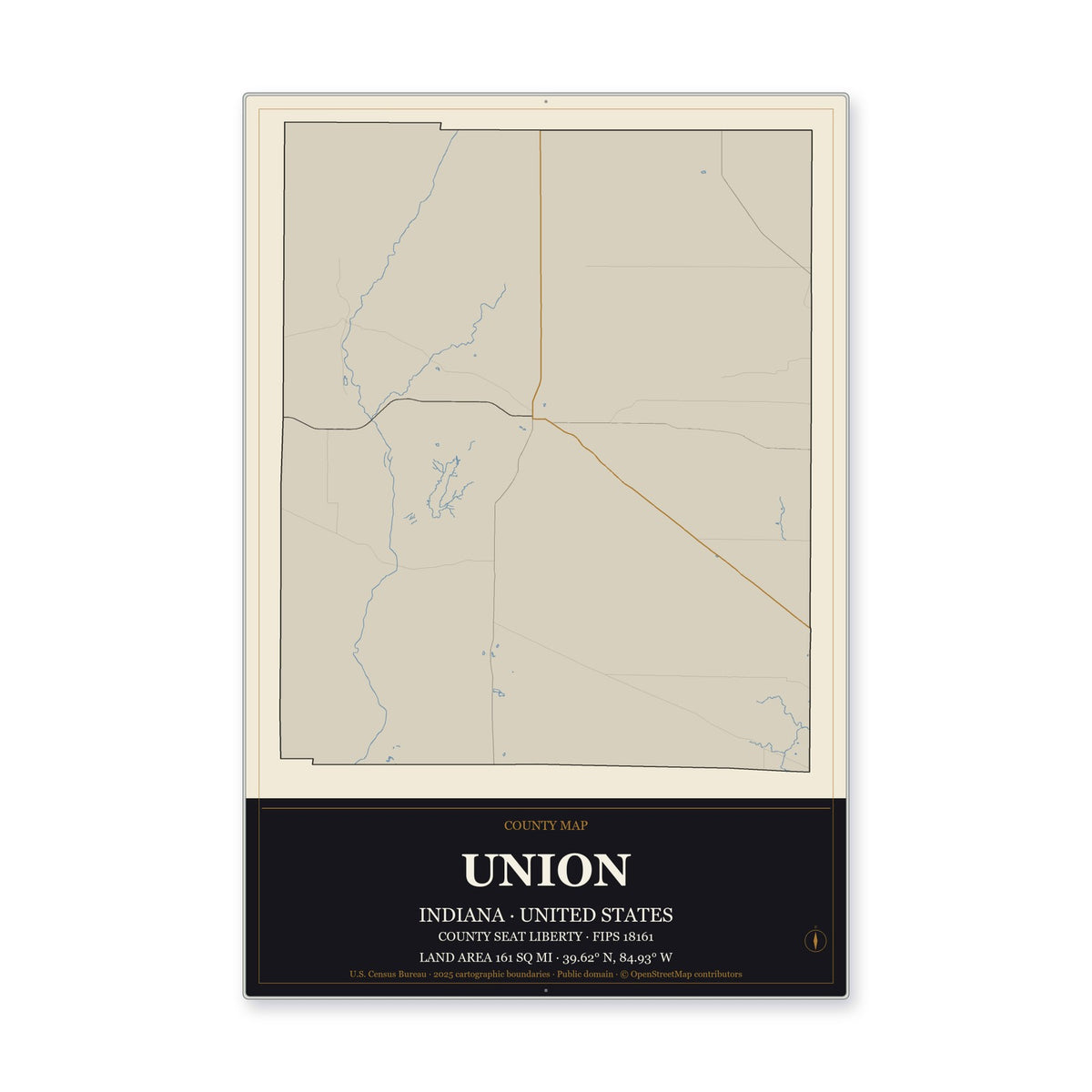 Union County, Indiana Map Aluminum Sign in Museum Plaque style