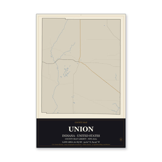 Union County, Indiana Map Aluminum Sign in Museum Plaque style