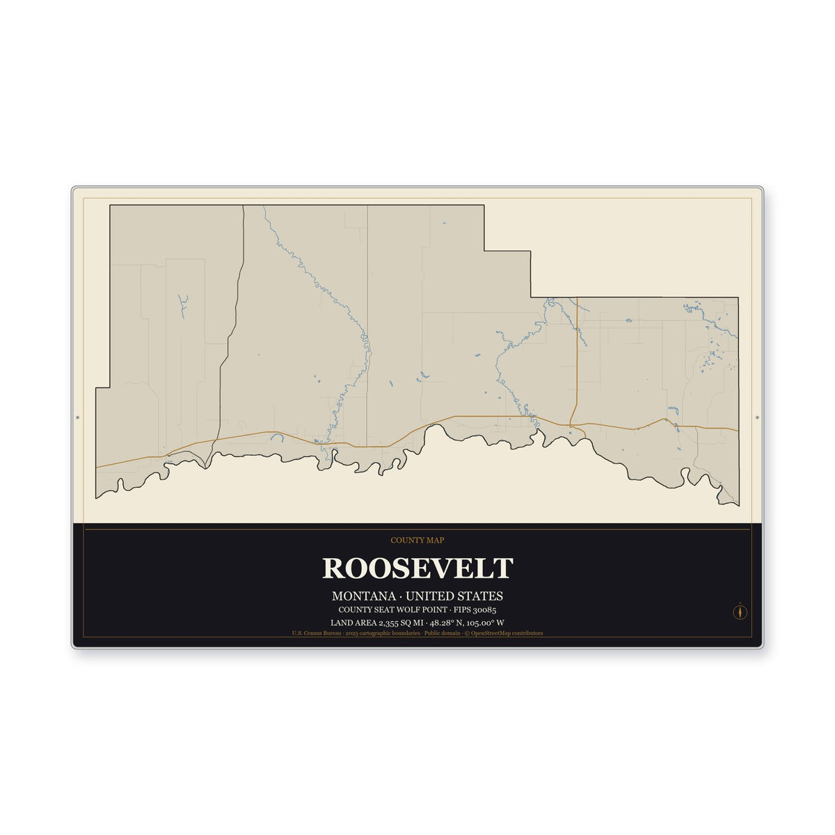 Roosevelt County, Montana Map Aluminum Sign in Museum Plaque style