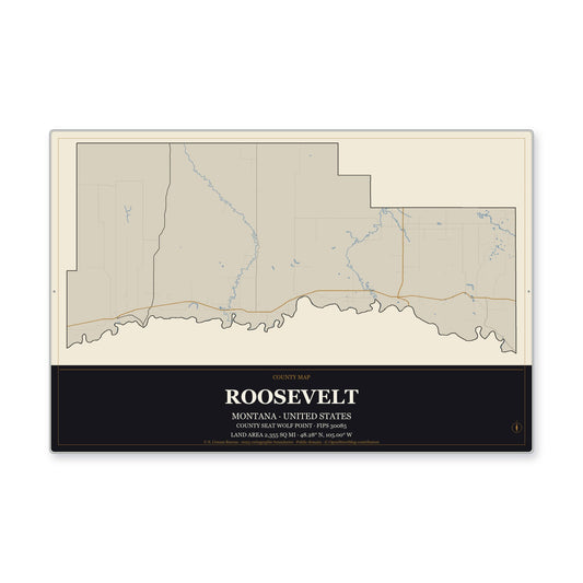 Roosevelt County, Montana Map Aluminum Sign in Museum Plaque style