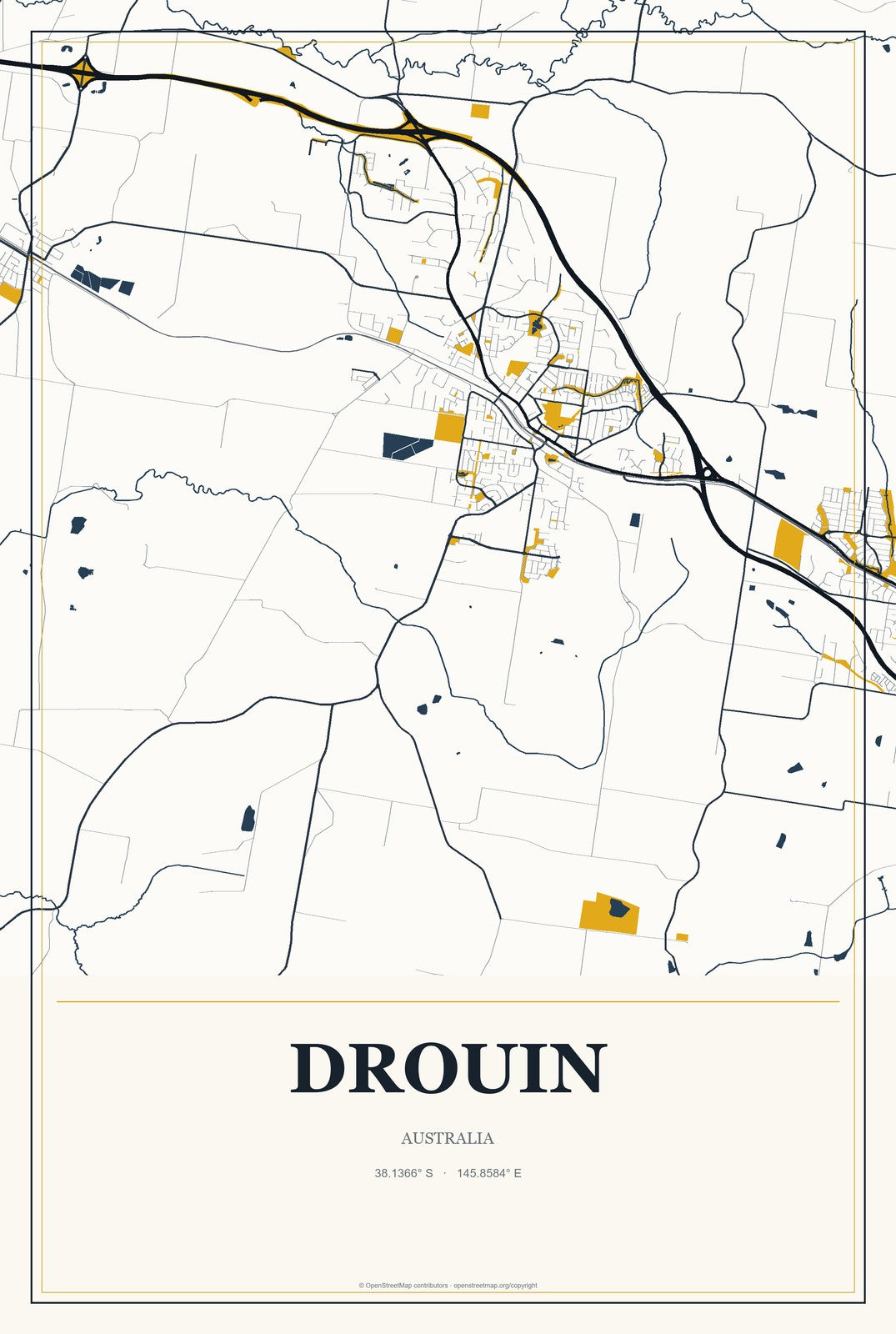 Drouin, Australia City Map Aluminum Sign in Citrine Modern style