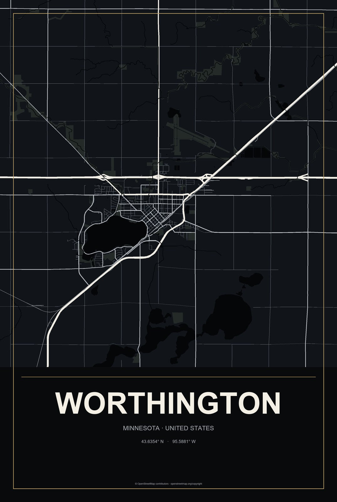 Worthington, Minnesota City Map Aluminum Sign in Metropolitan Noir style