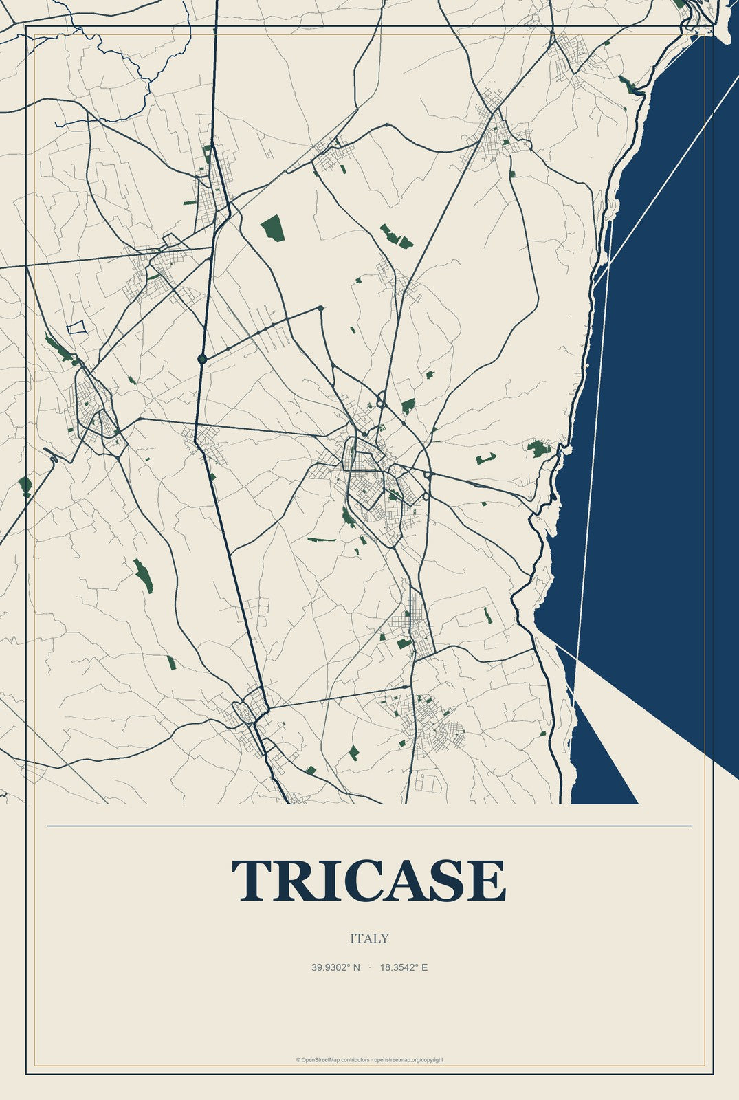 Tricase, Italy City Map Aluminum Sign in Coastal Cutout style