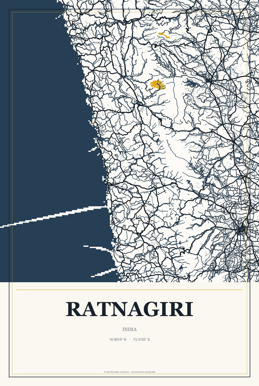 Ratnagiri, India City Map Aluminum Sign in Citrine Modern style