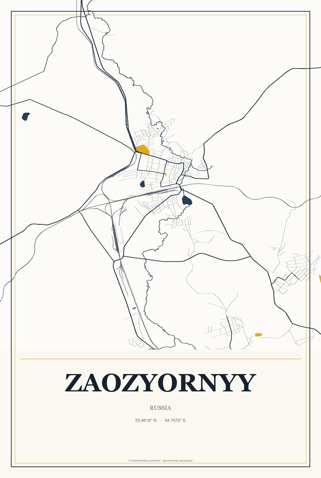 Zaozyornyy, Russia City Map Aluminum Sign in Citrine Modern style