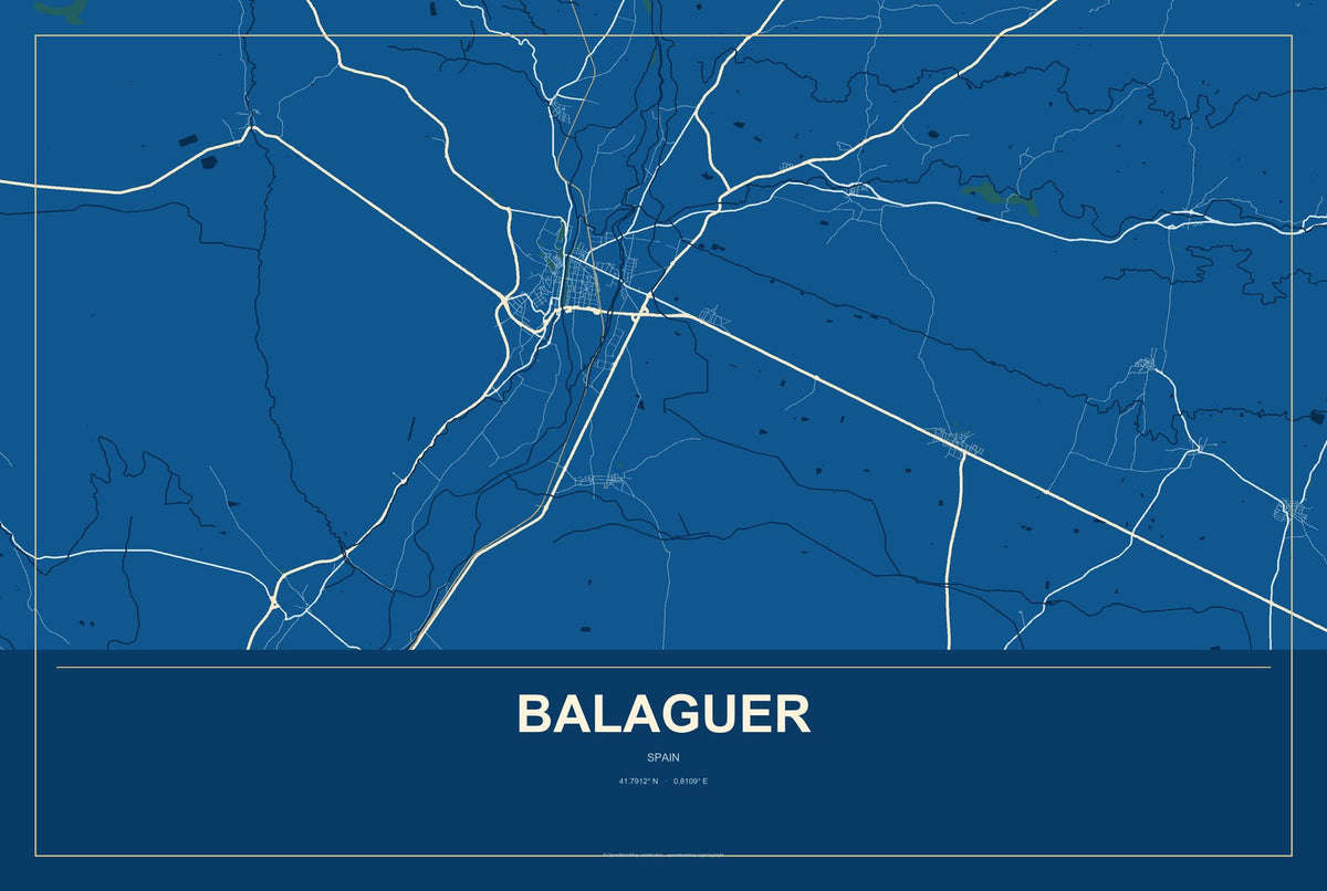 Balaguer, Spain City Map Aluminum Sign in Harbor Cobalt style