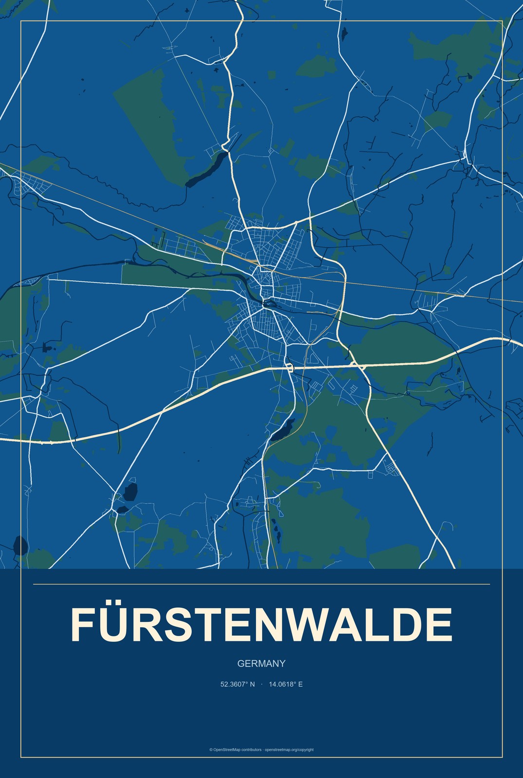 Fürstenwalde, Germany City Map Aluminum Sign in Harbor Cobalt style