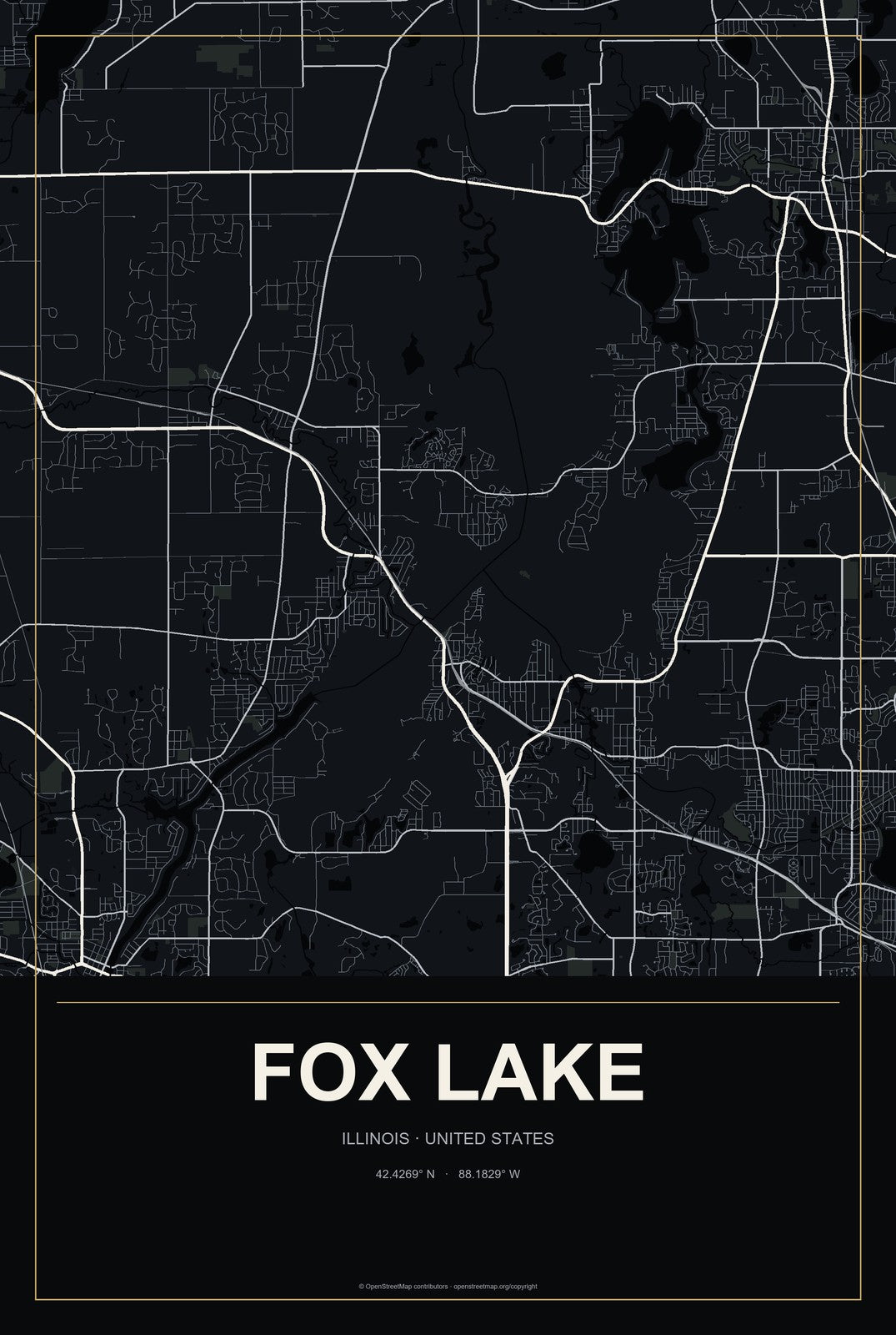 Fox Lake, Illinois City Map Aluminum Sign in Metropolitan Noir style