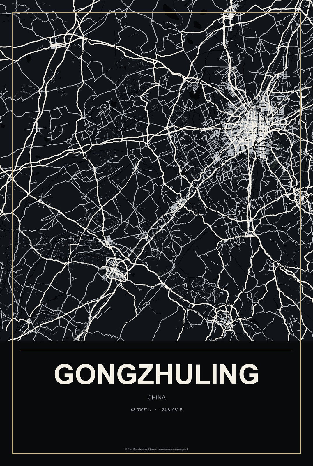 Gongzhuling, China City Map Aluminum Sign in Metropolitan Noir style