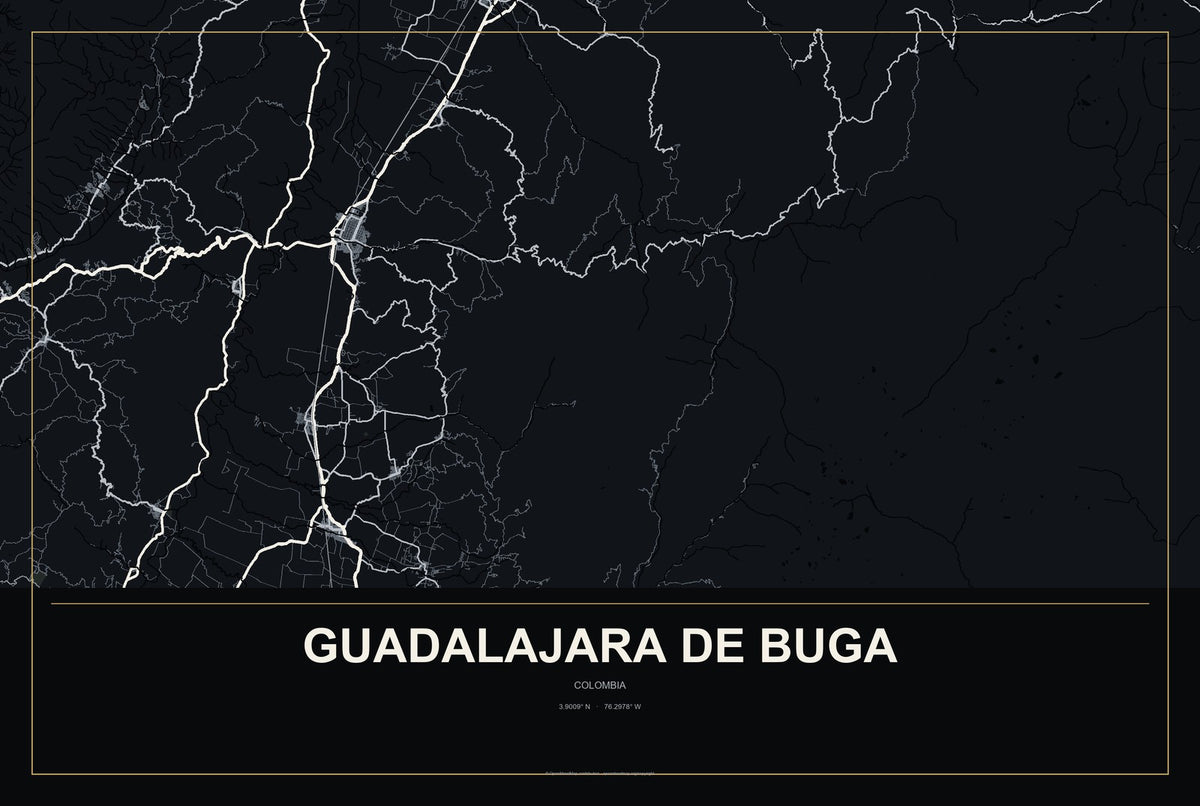 Guadalajara de Buga, Colombia City Map Aluminum Sign in Metropolitan Noir style