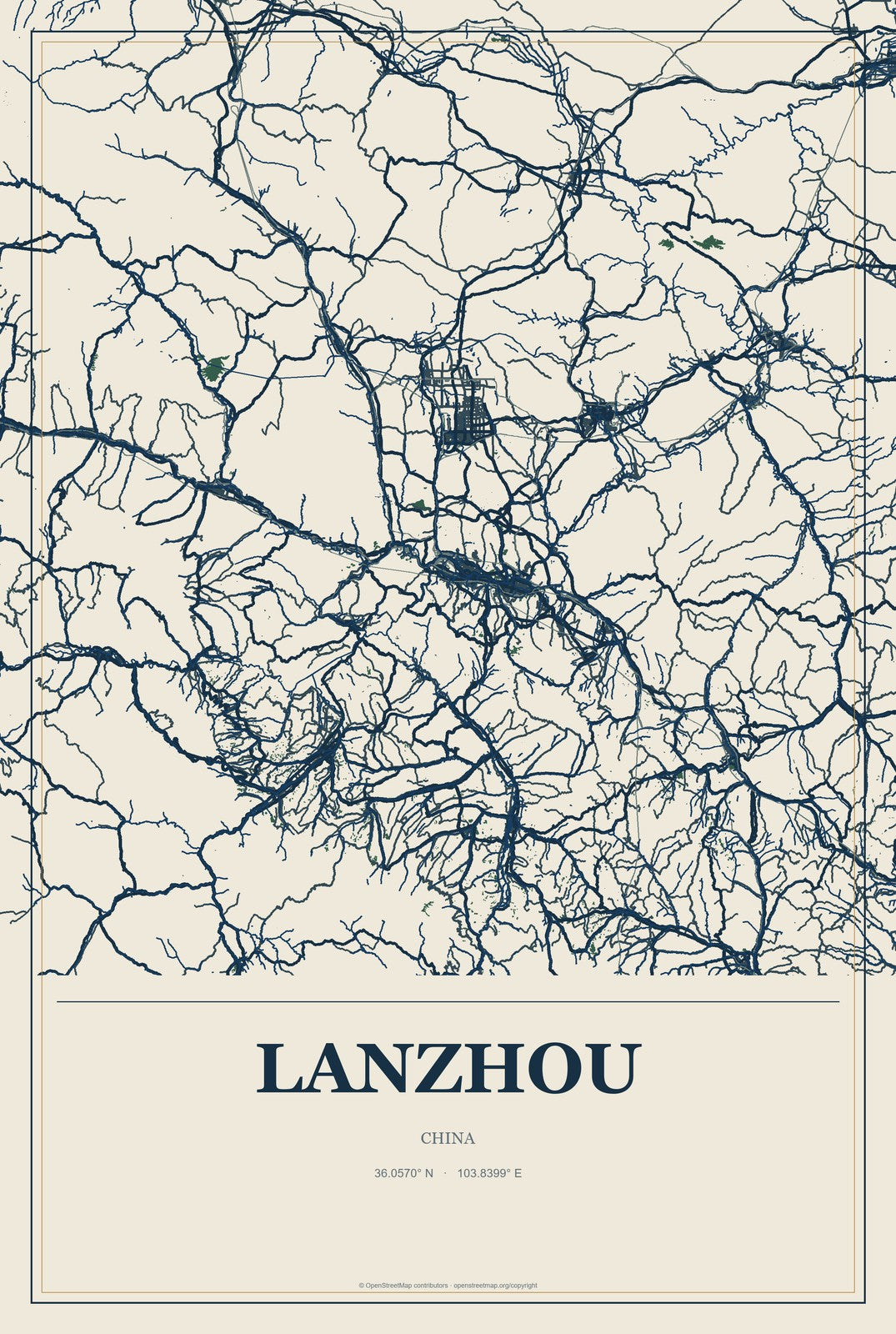 Lanzhou, China City Map Aluminum Sign in Coastal Cutout style