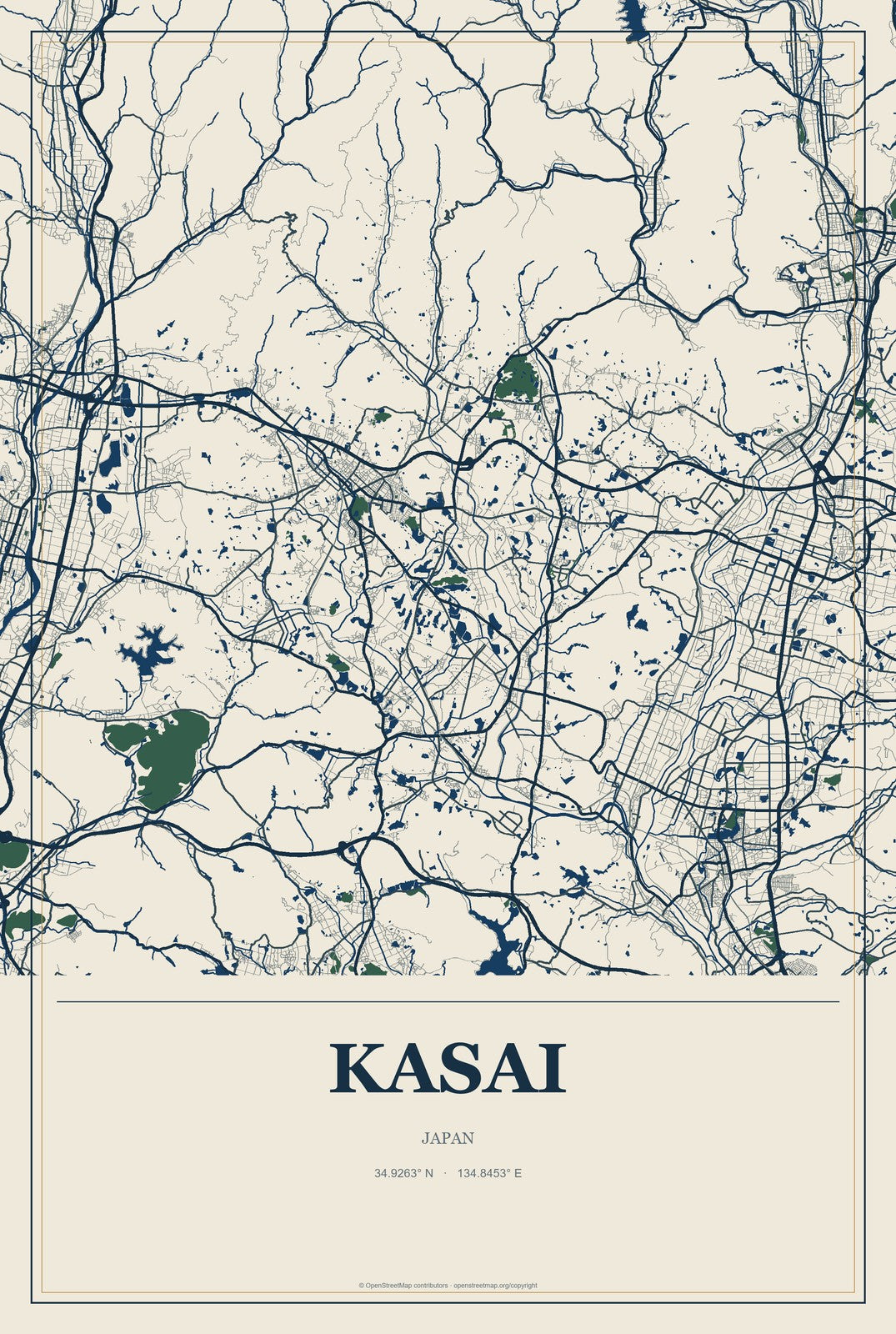 Kasai, Japan City Map Aluminum Sign in Coastal Cutout style