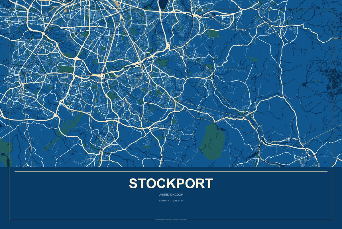 Stockport, United Kingdom City Map Aluminum Sign in Harbor Cobalt style
