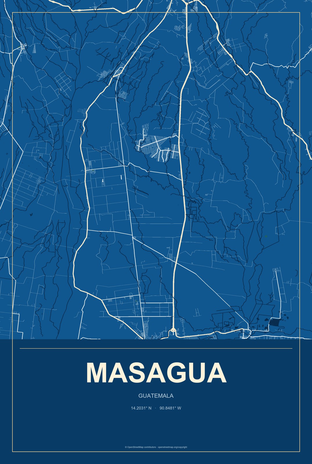 Masagua, Guatemala City Map Aluminum Sign in Harbor Cobalt style