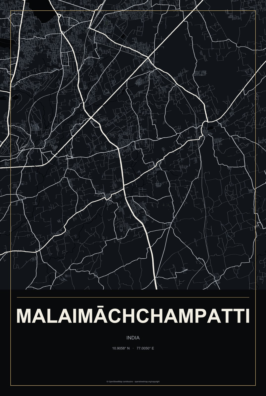 Malaimāchchampatti, India City Map Aluminum Sign in Metropolitan Noir style