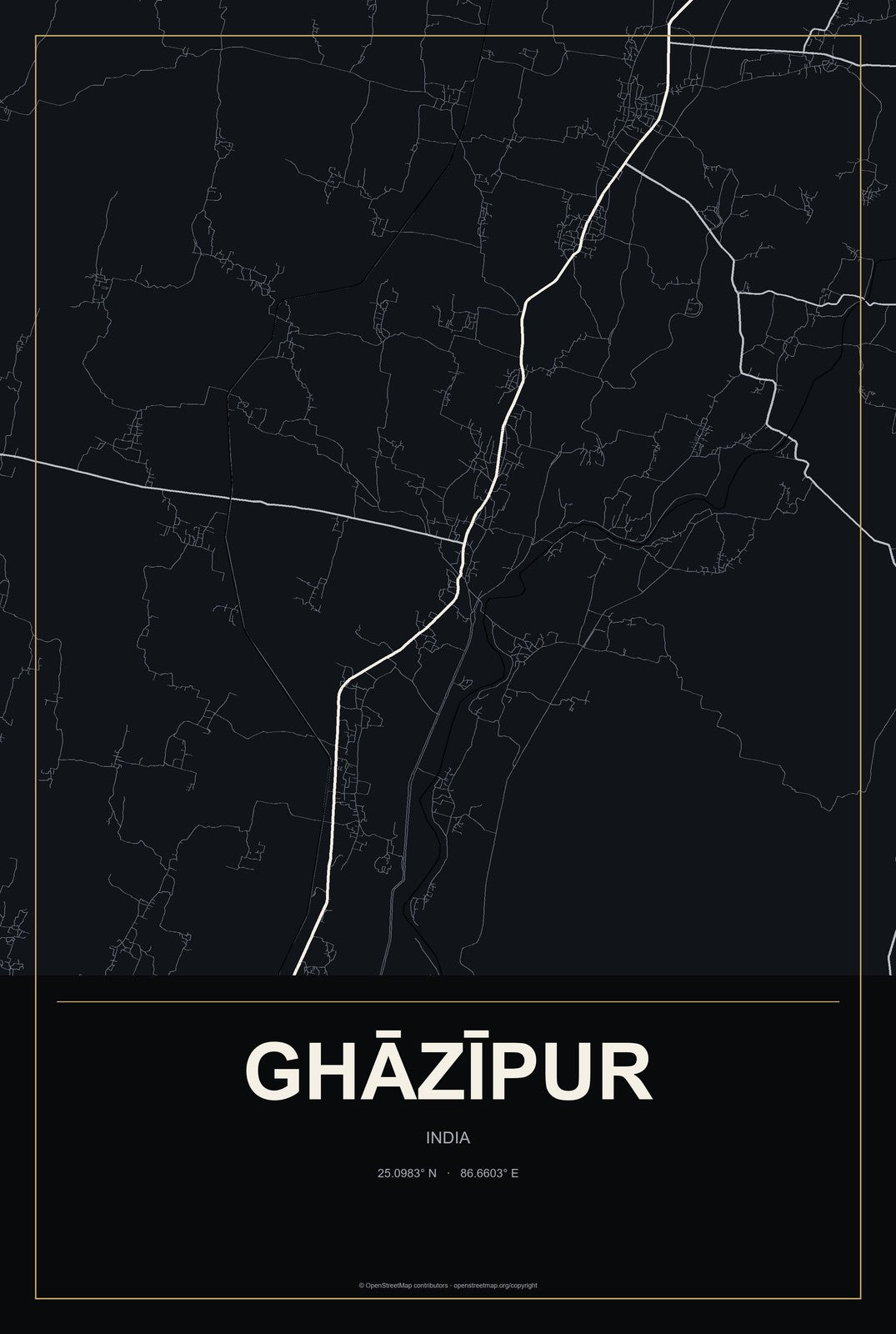 Ghāzīpur, India City Map Aluminum Sign in Metropolitan Noir style