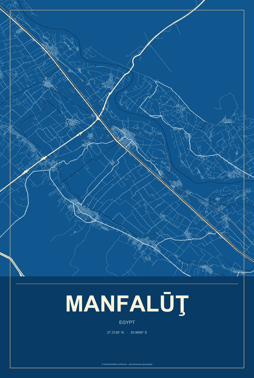 Manfalūţ, Egypt City Map Aluminum Sign in Harbor Cobalt style