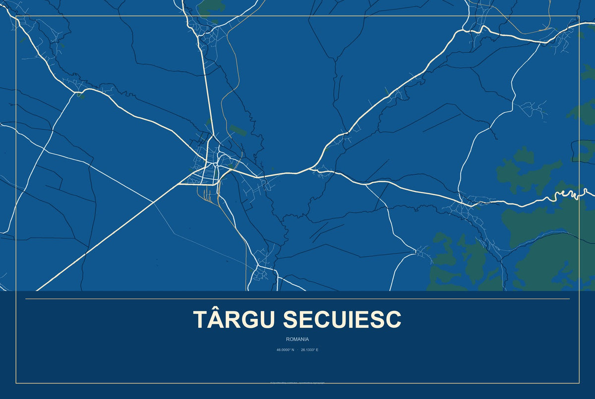 Târgu Secuiesc, Romania City Map Aluminum Sign in Harbor Cobalt style