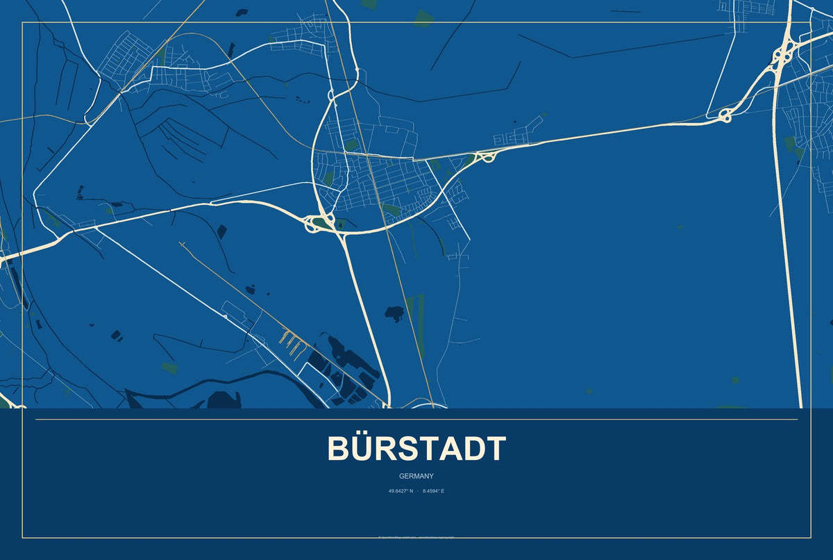 Bürstadt, Germany City Map Aluminum Sign in Harbor Cobalt style