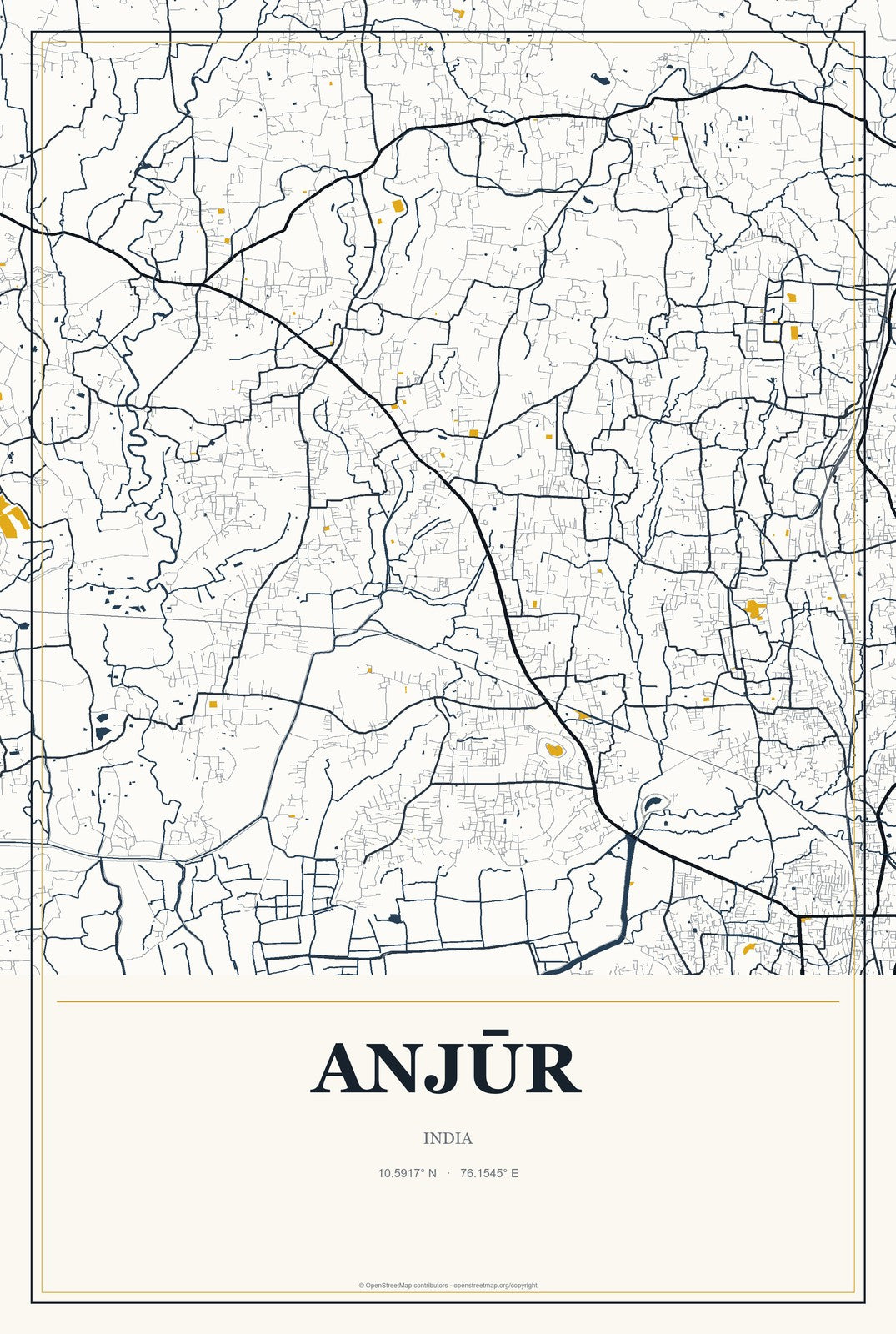 Anjūr, India City Map Aluminum Sign in Citrine Modern style