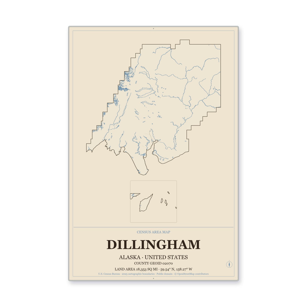 Dillingham Census Area, Alaska Map Aluminum Sign in Heritage Nautical style