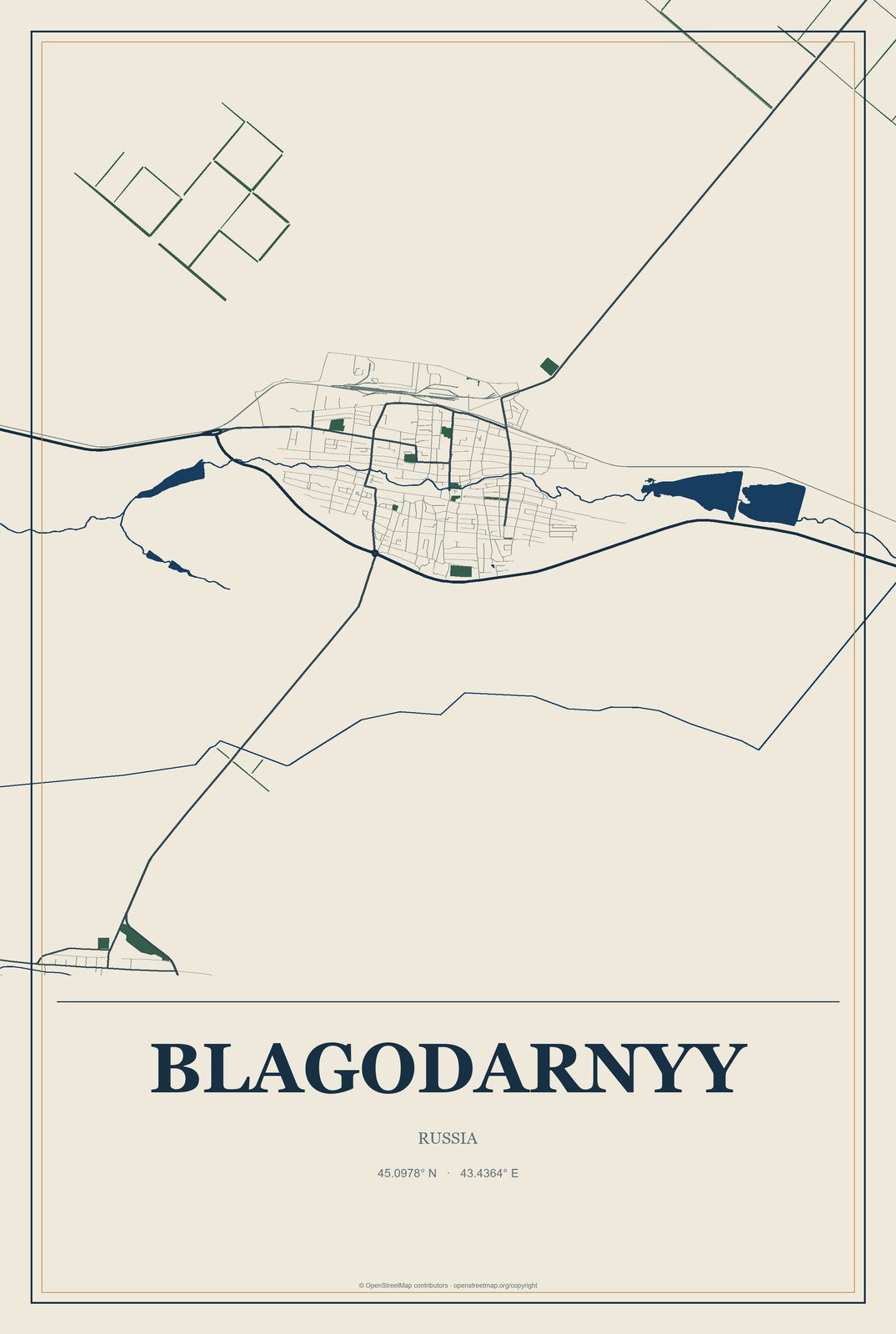 Blagodarnyy, Russia City Map Aluminum Sign in Coastal Cutout style